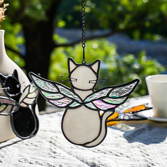 Gray Cats Gifts for Cats Lovers Suncatcher for Window,Angel Cat Memorial Gifts Stained Glass Window