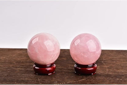 JIC Gem 2.9 Inch Natural Pink Rose Quartz Magic Crystal Healing Ball Ornament Sphere with Wood