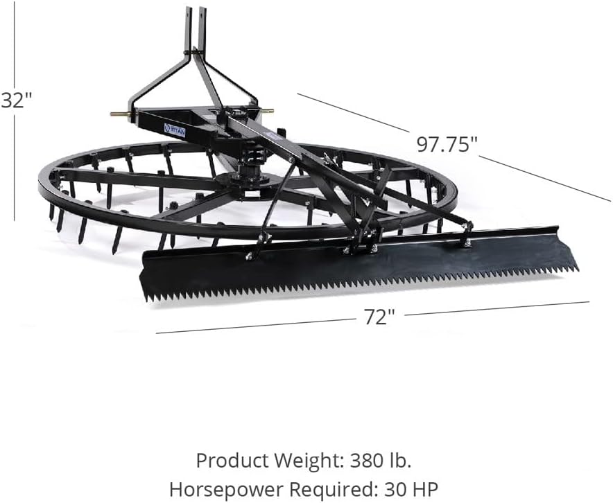 Titan Attachments Arena Spin Harrow Groomer 72" Cat 1 3 Point Quick Hitch HD (Add Optional Rake