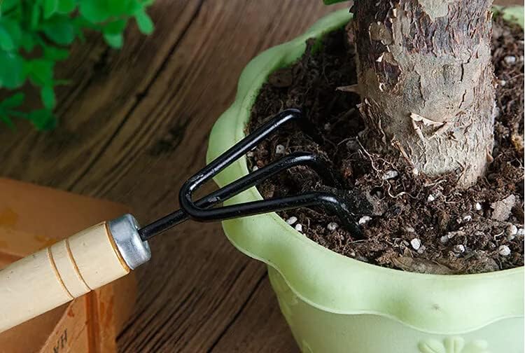 Gardenera Bonsai 3PC Gardening Tool Set: Rake, Spade, Shovel - Wooden Handles - Best Kit for Potted