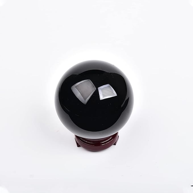JIC Gem Small Black Obsidian Sphere Crystal Ball with Wooden Stand for Fengshui Healing Meditation