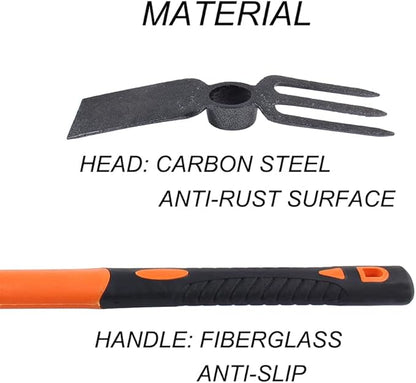 3 Sprongs Dual Head Rake Hoe with Heavy Duty Forged Adze and Ergonomic Non-Slip Handle for