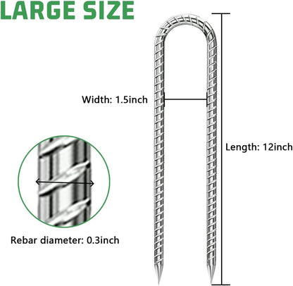 Ground-Stakes-Heavy-Duty-12 inch, U-Hook Rebar Stakes Galvanized Anti-Rust 6pcs Garden Stakes Metal