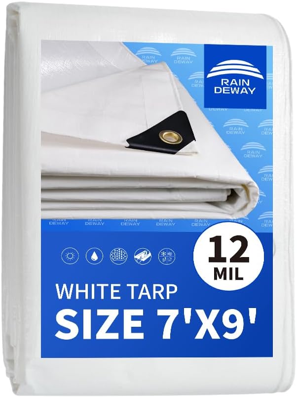 RAINDEWAY 12 Mil Heavy Duty White Tarp 7x9 Feet, UV Resistant, Waterproof, Weatherproof Poly Tarp