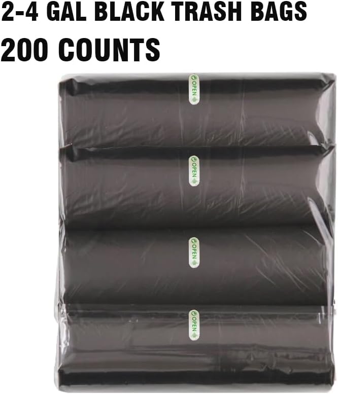 2-4 Gallon Trash Bags, 200 Count Black Garbage bags, Small Trash Can Bin Liners for Bathroom