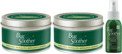 Bug Soother Candle - Natural Insect, Gnat and Mosquito Repellent 2 Candles, 1oz Bottle of Bug Spray