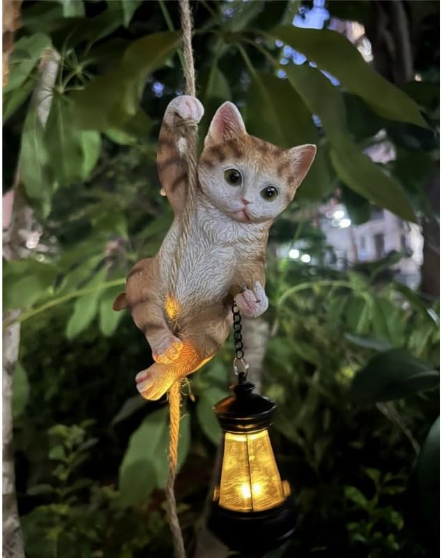 Cat Garden Decor Outdoor Statues Resin Climbing Twine with LED Light Waterproof Hanging Animal