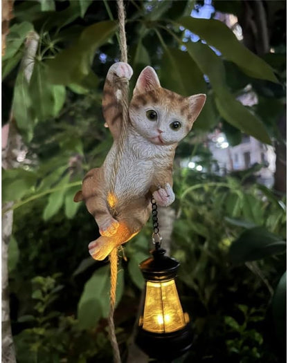 Cat Garden Decor Outdoor Statues Resin Climbing Twine with LED Light Waterproof Hanging Animal