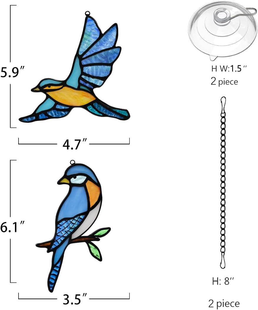 BOXCASA Blue Birds Decor Stained Glass Suncathers for Window,Stained Glass Bird Window