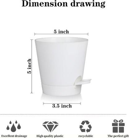 5 Pack 5 inch Self-Watering Pots, African Violets Planter with Drainage Holes and Reservoir, White