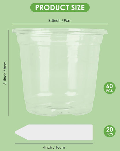 PACETAP 60Pack 3.5 Inch Reinforced Clear Nursery Pots with Drainage Holes, Variety Pack Plastic