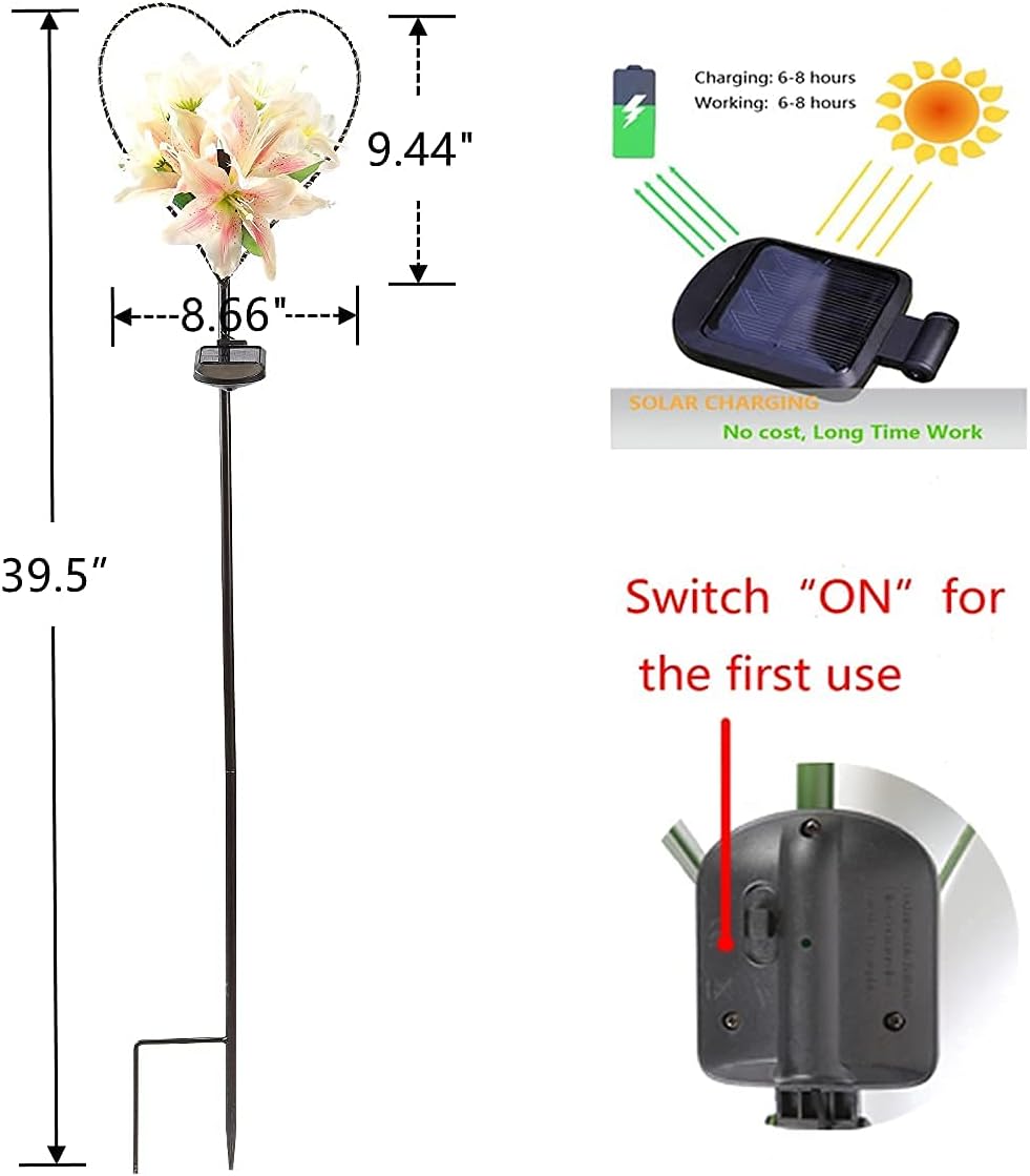 Starryfill Garden Solar Lights Outdoor Heart-Shaped with White Lily Flowers, Metal Stake Lights