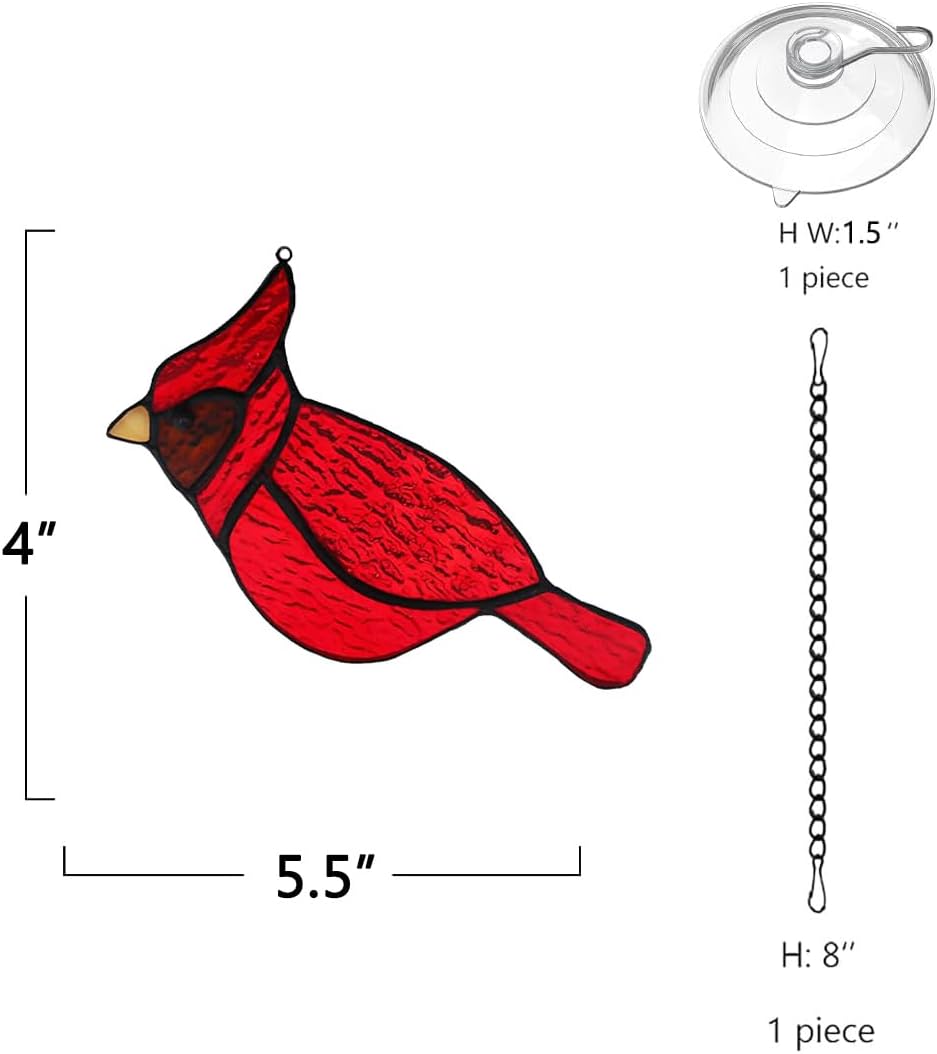BOXCASA Red Cardinal Suncatcher for Window, Handmade Stained Glass Hanging, Memorial Gift for Loss