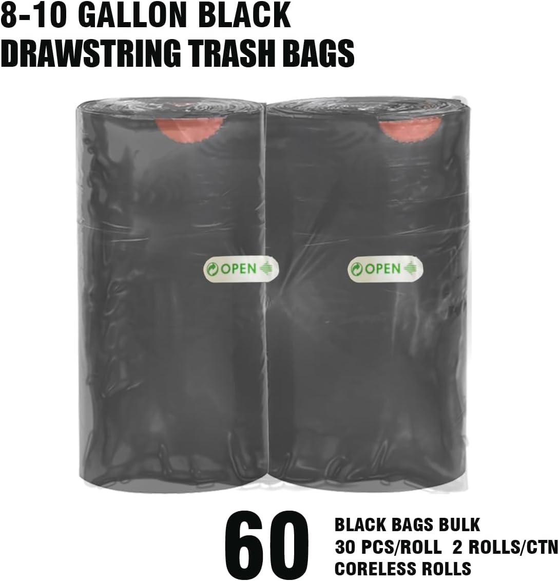 8-10 Gallon Trash Bags Drawstring, 60 Count Bulk, Black & Unscented Multi-purpose Garbage Bags for