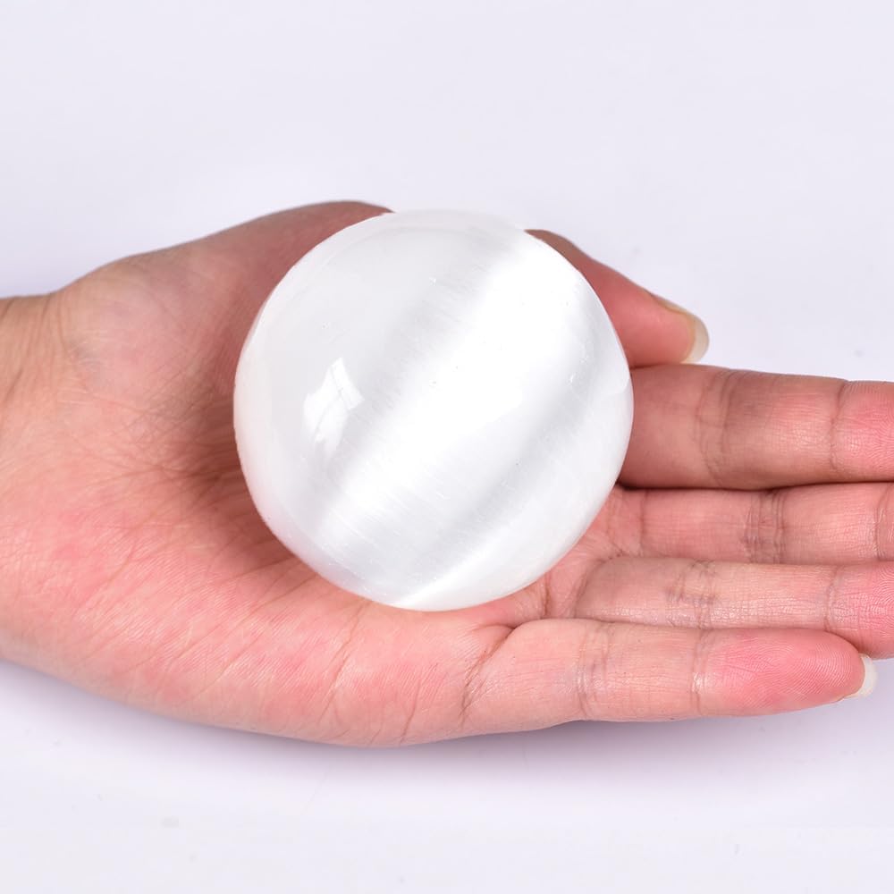 JIC Gem Selenite Crystal Ball with Wooden Stand Healing Crystal Sphere for Meditation, Home