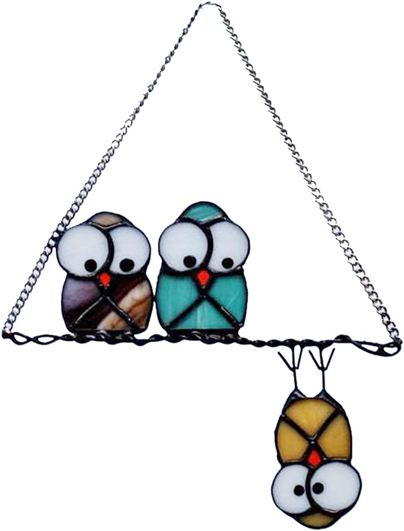 Multicolor Owls on a Wire High Stained Glass Suncatcher Panel, Bird Suncatcher for Windows Doors