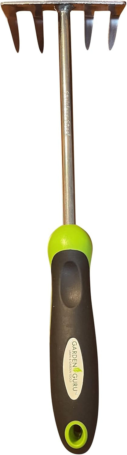 Garden Guru Stainless Steel Hand Rake Cultivator Tiller Tool - Stainless Steel for Ultimate