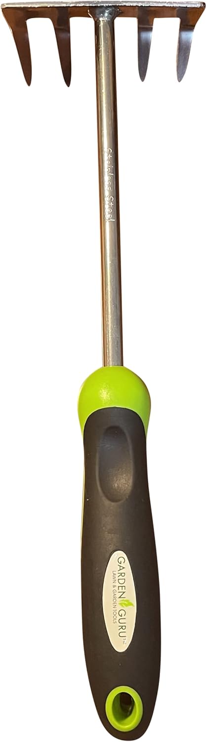 Garden Guru Stainless Steel Hand Rake Cultivator Tiller Tool - Stainless Steel for Ultimate
