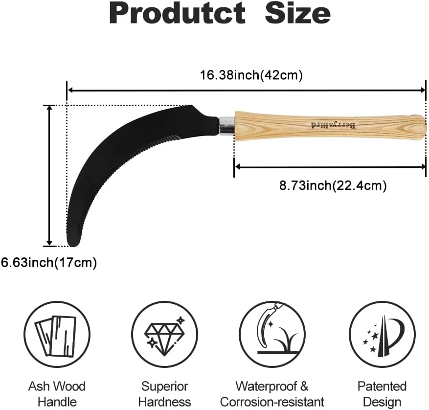 Berry&Bird Grass Sickle with Sawtooth, Heavy Duty SK5 Carbon Steel Blade Sickle Knife Scythe Garden
