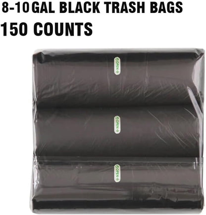 8-10 Gallon Trash Bags, 150 Count Black Garbage bags, Multi-purpose Trash Can Bin Liners for