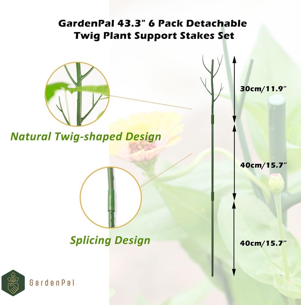 GardenPal 43.3" 6 Pack Detachable Twig Plant Support Stakes, Branch Sticks with Orchid Clips and