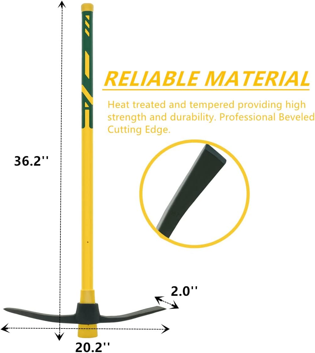 GloriousAMC Heavy Duty Mattock, 36" Fiberglass Handle, Yellow, Steel, Multipurpose Garden Tool