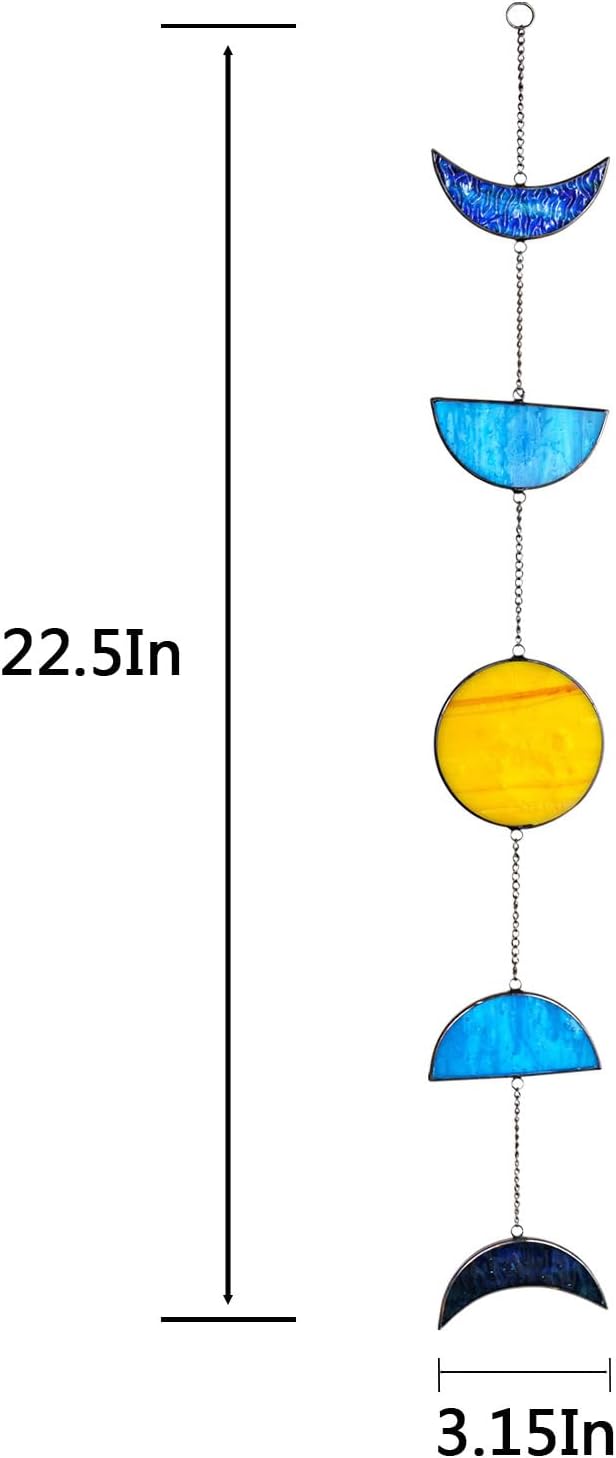 Celestial Blue Stained Glass Sun and Moon Window Hanging Handmade Stained Glass Suncatcher Boho