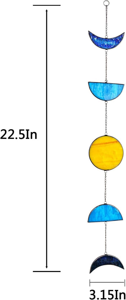Celestial Blue Stained Glass Sun and Moon Window Hanging Handmade Stained Glass Suncatcher Boho