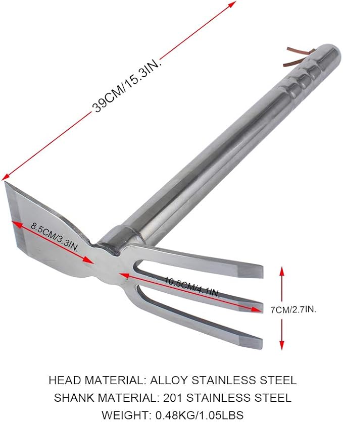 Stainless Steel Garden Hoe Rake Hand Tool, 15" Metal Hand Hoe & 3 Prong Cultivator Dual Headed