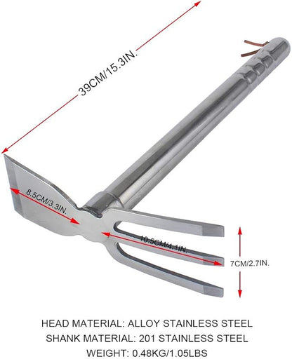 Stainless Steel Garden Hoe Rake Hand Tool, 15" Metal Hand Hoe & 3 Prong Cultivator Dual Headed