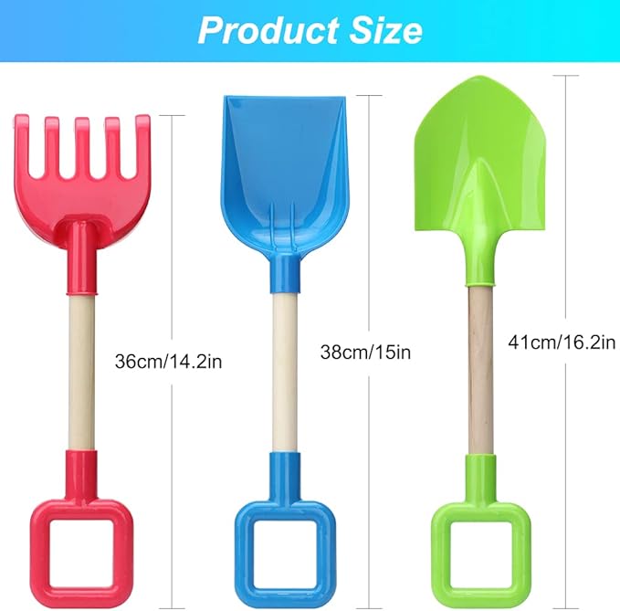 Jumbo Beach Shovels Rake Spade Toys Set for Kids, 16" Long Wooden Handle ABS Plastic Sand Scoop