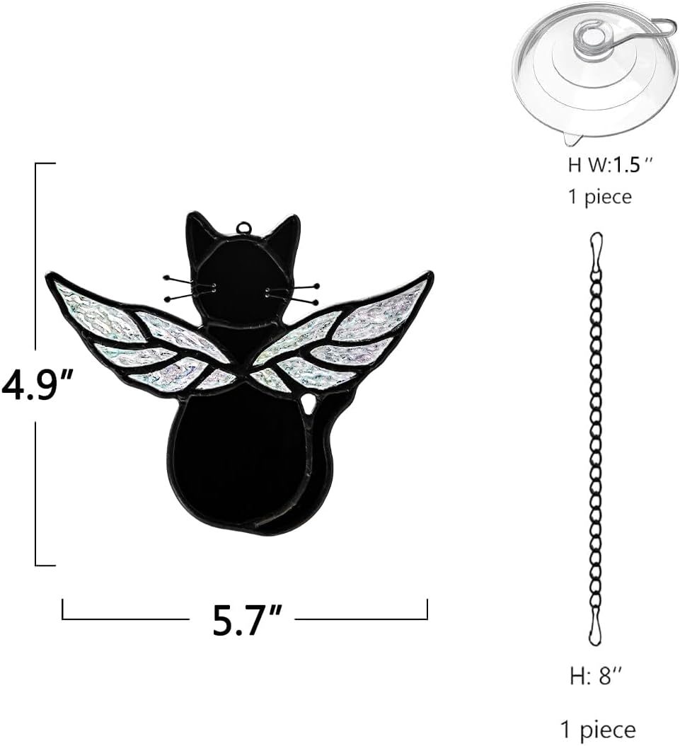 Black Angel Cat Memorial Gifts for Cat Lover,Stained Glass Window Hanging,Angel Wing Black Cats