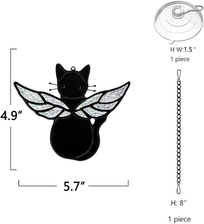 Black Angel Cat Memorial Gifts for Cat Lover,Stained Glass Window Hanging,Angel Wing Black Cats