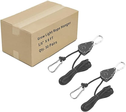 Grow Light Rope Hanger 50Pairs，1/8" 8-Feet Long Heavy Duty Adjustable Rope Clip Hanger, Adjustable