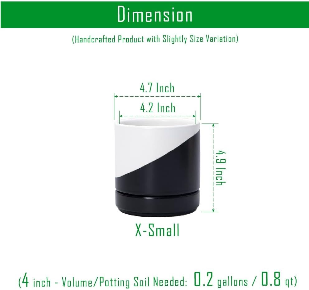 D'vine Dev 4.7 Inch Ceramic Planter Pot with Drainage Hole and Saucer, Indoor Cylinder Round