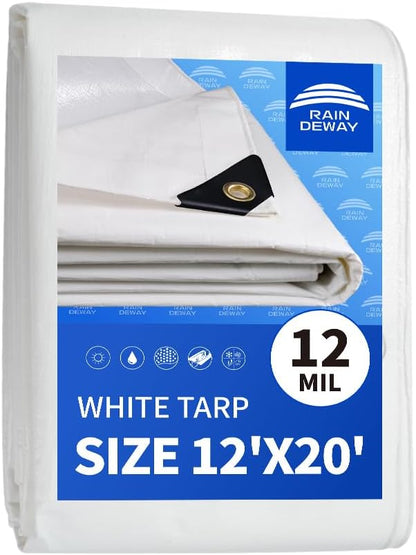 RAINDEWAY 12 Mil Heavy Duty White Tarp 12x20 Feet, UV Resistant, Waterproof, Weatherproof Poly Tarp