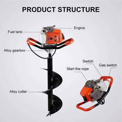 72cc Post Hole Digger 2-Stroke Petrol Gas Powered Earth Digger with 2 Extension Rods（24" & 24"） + 3