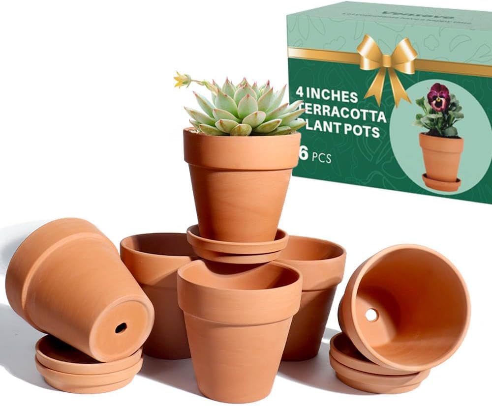 vensovo 4 Inch Terracotta Plant Pots with Saucer - 6 Pack Clay Flower Pots with Drainage, Great for