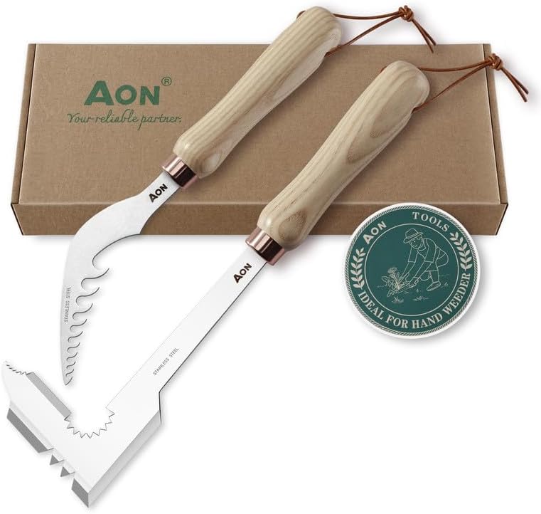 AON 2-Pack Hand Crack Weeder Puller Tool Set - Made with Heat Treated Steel and Ash Wood Ergonomic
