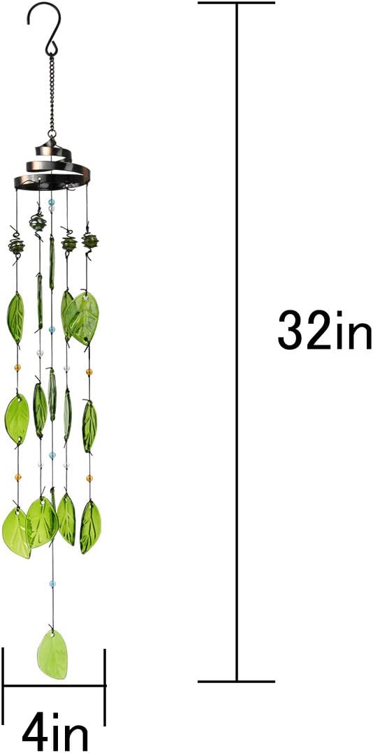 Vindar Wind Chimes, Glass Leaves Wind Chimes Outdoor Decor Handmade 32" Garden Chimes for Home