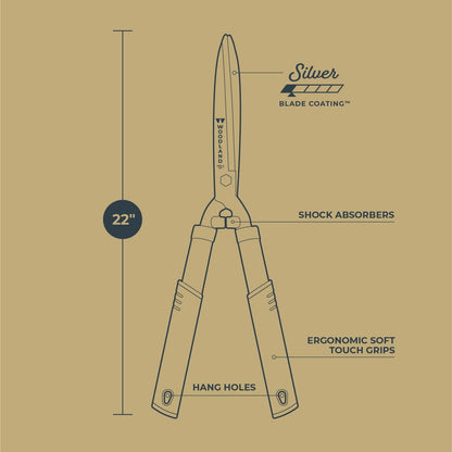 Woodland Tools 22" Regular Duty Hedge Shears - High Carbon Steel Blades, Non-Stick Coating