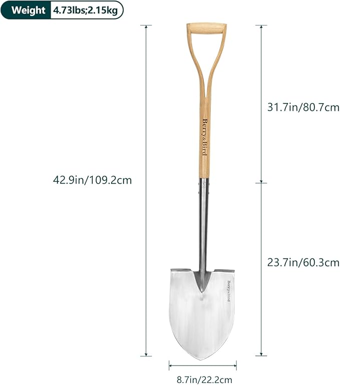 Berry&Bird Shovels for Digging, 43’’ Round Spade Heavy Duty Shovel with Wooden D Handle Stainless