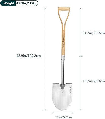Berry&Bird Shovels for Digging, 43’’ Round Spade Heavy Duty Shovel with Wooden D Handle Stainless