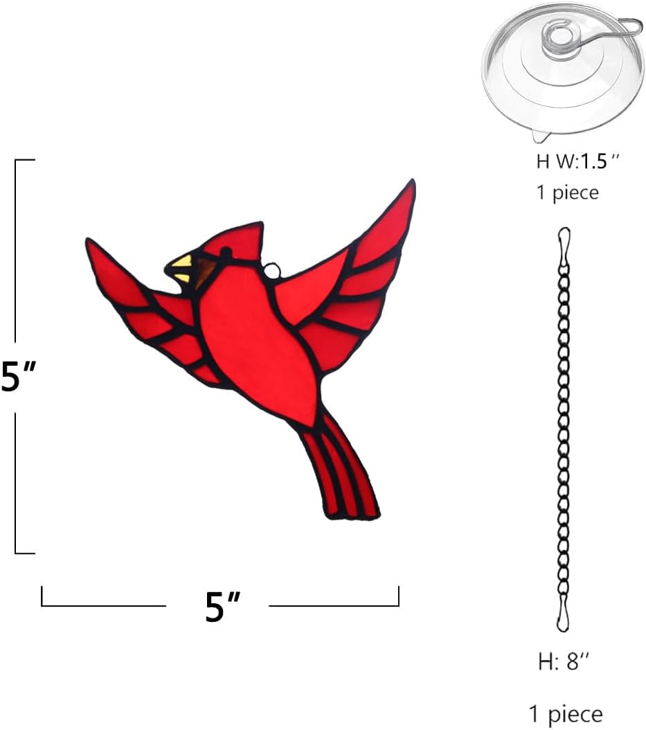 BOXCASA Red Cardinal Stained Glass Window Hanging,Cardinal Ornaments Stained Glass Suncatcher for
