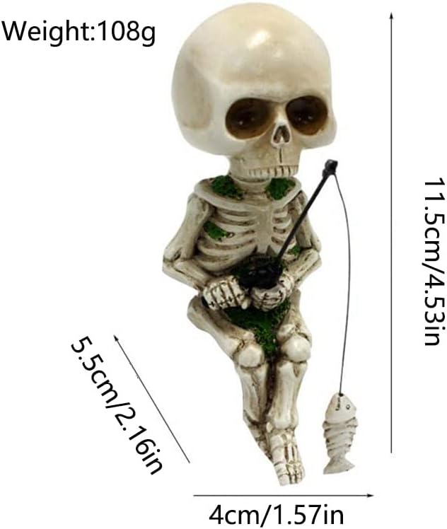Fishing Skeleton Statue Halloween Decorations, 4.5 Inch Cute Sitting Skull Figurine Shelf Sitter