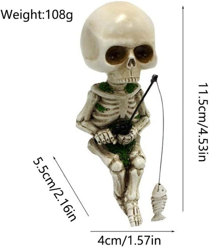 Fishing Skeleton Statue Halloween Decorations, 4.5 Inch Cute Sitting Skull Figurine Shelf Sitter