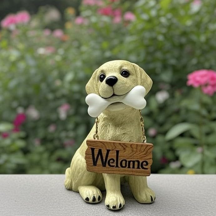 Nature's Mark Labrador Retriever Dog Puppy Statue with Welcome Sign Resin Garden Statue Decor 6.7" H