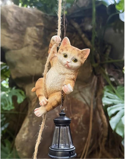 Cat Garden Decor Outdoor Statues Resin Climbing Twine with LED Light Waterproof Hanging Animal