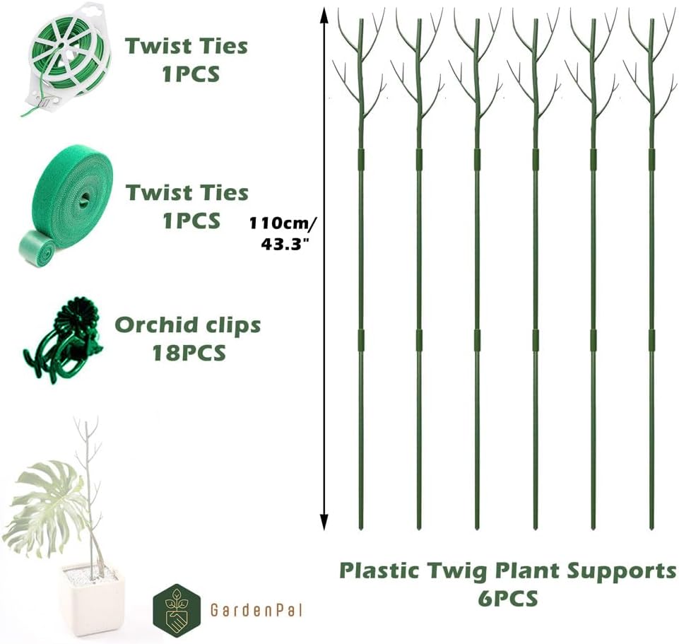 GardenPal 43.3" 6 Pack Detachable Twig Plant Support Stakes, Branch Sticks with Orchid Clips and