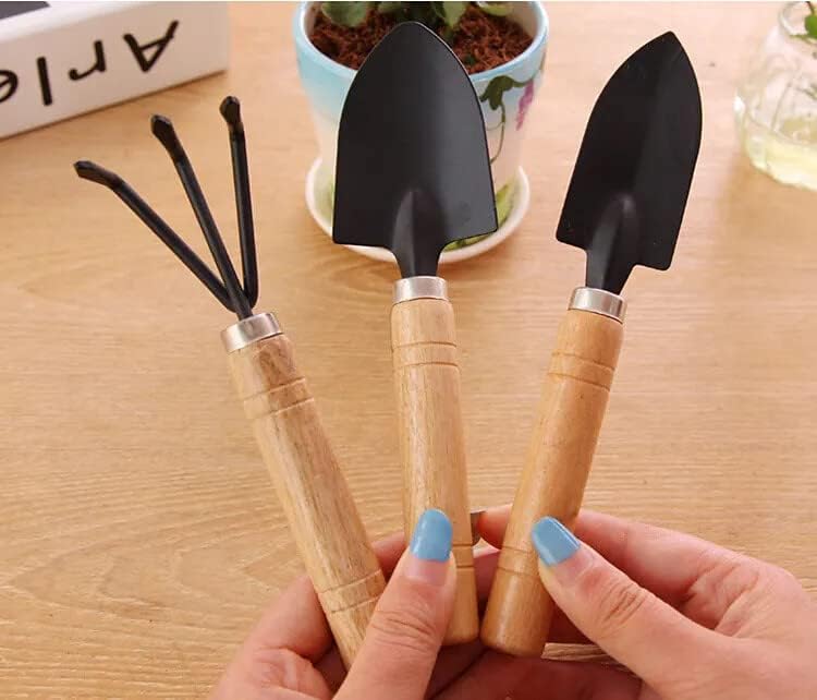 Gardenera Bonsai 3PC Gardening Tool Set: Rake, Spade, Shovel - Wooden Handles - Best Kit for Potted